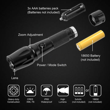 Discoball XML T6 1200 Lumens Super Bright Zoomable Flashlight, Battery Powered, IP55 Waterproof with 5 Modes & Adjustable Focus for Camping, Hiking, Outdoor (Container Product Without Box) - Imported from UK